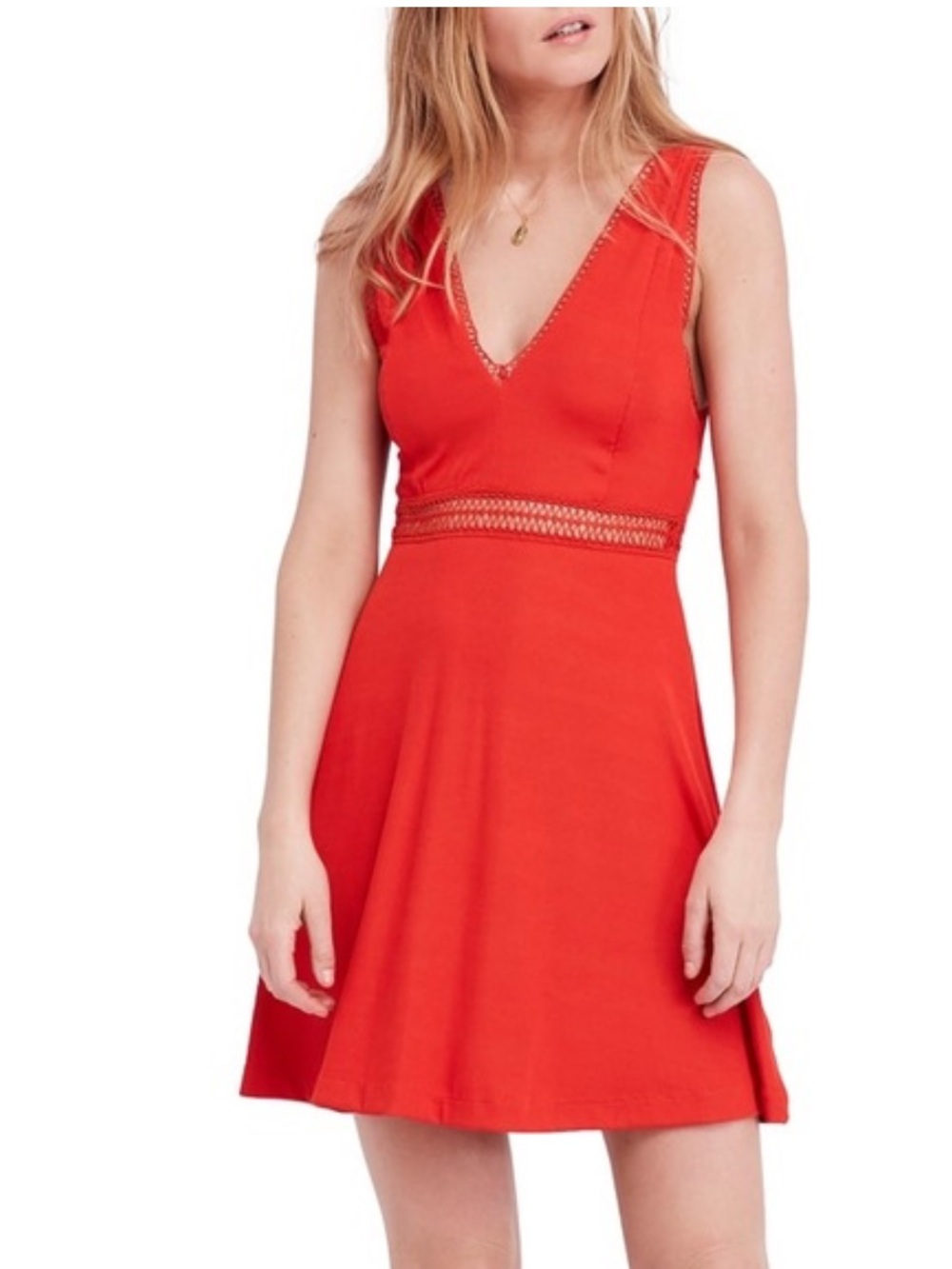 Free oeople size 12 Sleeveless V-Neck Red Dress with Waist Trim